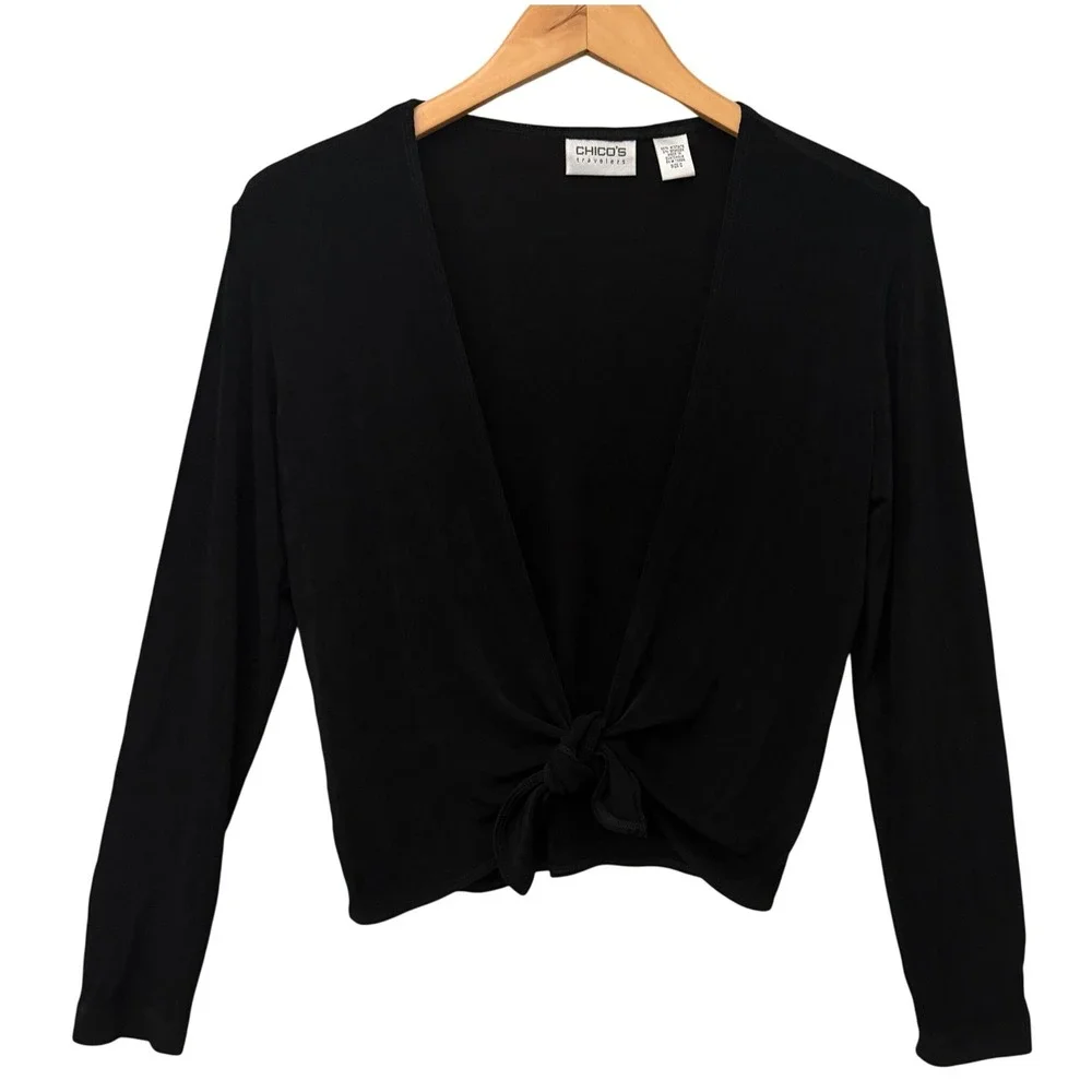 Chicos Travelers Black Tie Front Cardigan Long Sleeve Crop Sz 0 Stretch Layering